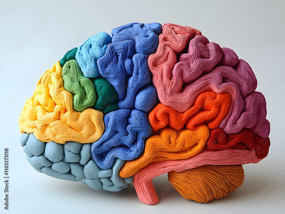 Poster colorful and textured 3d model of the human brain representing the complexity and diversity of cogni