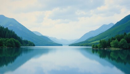 Fototapeta premium Serene Lake Between Mountains Reflection.