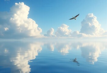 Obraz premium Serene Seascape: Bird in Flight over Calm Waters.