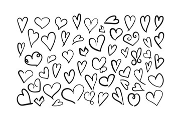 Hand drawn heart set. Collection black scribble Love shapes isolated on white background. Outline doodle element for Valentines Day print, scrap booking, graphic design, web and other.