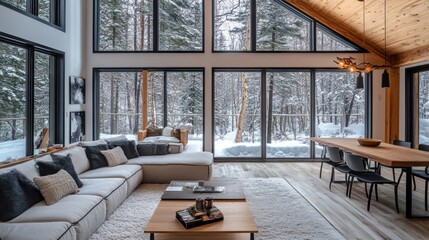 Modern living room with large windows overlooking a snowy forest.