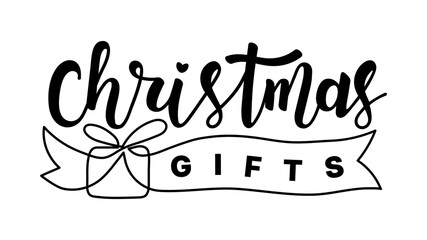 Calligraphy Christmas gifts logo words with a decorative ribbon and bow. Hand drawn lettering for winter festive and joyful atmosphere ideal for holiday greeting cards or decor. Black phrase on white.