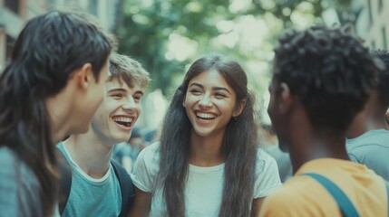 Obraz premium Young group of diverse college students having fun outdoors. Multiracial best millennial friends enjoying free time at city street. Youth community and friendship concept.