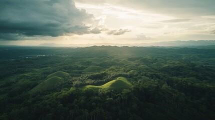 Bohol Island Aerial View of Famous Chocolate Hills in the Cloudy Sky