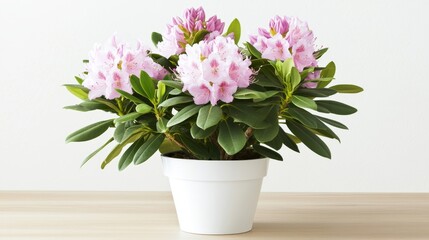 Fototapeta premium The pink rhododendron bursts with vibrancy in its white pot, set on a simple table and gracefully illuminated by the gentle window light.