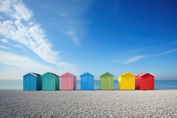 Brighton Beach: Row of Colourful Beach Huts with Blue Sky and Pebble Beach
