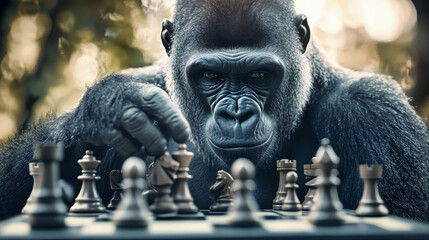 Fototapeta premium Gorilla engages in a thoughtful chess match amidst a blurred natural backdrop, showcasing intelligence and curiosity in a stunning portrayal