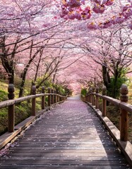 Fototapeta premium Sakura Blossom Pathway_-A tranquil pathway lined with blooming cherry blossom trees,