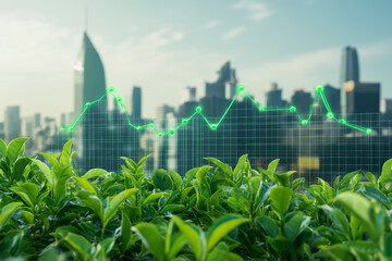 A green stock market graph with city skylines in the background