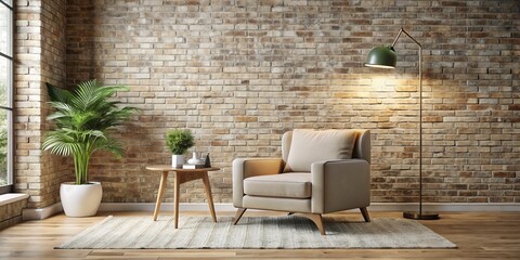 Aerial View of Modern Interior Featuring Beige Armchair Against a Rustic Brick Wall in a Stylish Living Space - Contemporary Design and Cozy Atmosphere