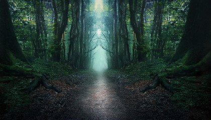 Obraz premium 深い森の中の一本道