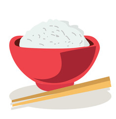 Rice bowl with chopsticks on red background vector illustration. Cute cartoon food.
