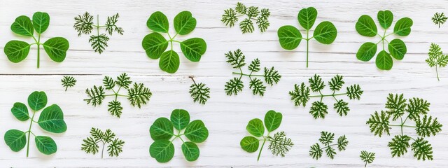 Eucalyptus leaves sit on a white wooden surface, forming a peaceful and simplistic background suitable for adding creative text.