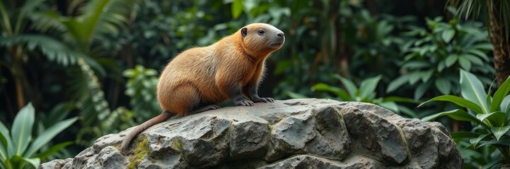 Naklejka premium A capybara perched on a rock in a rich green jungle, gaze directed to the right, nature, rock