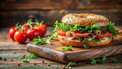 Delicious Bagel Sandwich with Prosciutto and Fresh Ingredients on a Wooden Board, Perfect for Food Photography and Culinary Inspirations with Ample Copy Space for Text Overlay