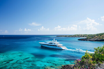 Obraz premium Luxury private big motor yacht in tropical sea with blue wave