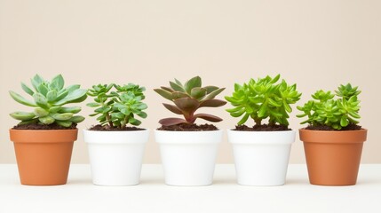 A sleek display of potted plants featuring a range of leafy greens set against a subtle background, highlighting simplicity in home design.