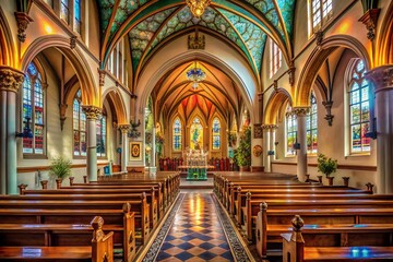 Architectural Photography of a Church Interior, Capturing the Deep Connection Between Worshippers and Their Faith Through Stunning Design and Sacred Atmosphere