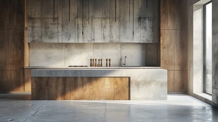 Modern wood and concrete kitchen interior with empty mock up place on wall.
