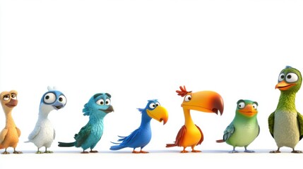 Fototapeta premium Whimsical Avian Art: Cartoon Birds on White Background