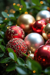 A festive Christmas tree adorned with red and gold ornaments, featuring hanging red balls and sparkling decorations on green pine branches