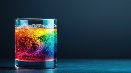 A vibrant glass of rainbow-colored beverage with bubbles, set against a dark background, showcasing refreshing layers of colors.