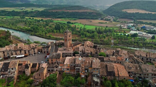 Aerial view of the old town of Ainsa in Huesca province, Spain