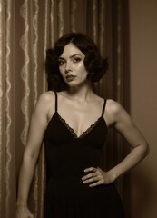 Fototapeta premium Vintage Woman in Black Dress, Sepia Tone.