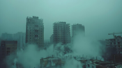 Misty Cityscape Illustration: Urban Fog, Construction, Buildings