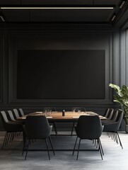 Contemporary conference room with meeting table and blank black wall. Workplace and presentation concept. Mock up. 3D Rendering