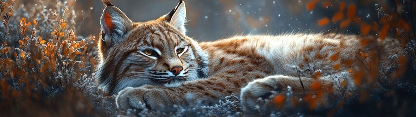 Obraz premium A serene lynx resting in a picturesque forest setting, surrounded by soft light and vibrant autumn foliage.