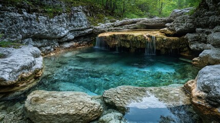 A serene natural pool surrounded by rocky formations and lush greenery, perfect for relaxation and nature exploration.
