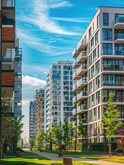 Modern apartment buildings in a green residential area in the city.