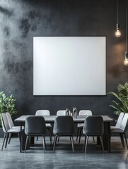 Contemporary meeting office with blank banner on wall, table and chairs. Workplace and lifestyle concept. 3D Rendering