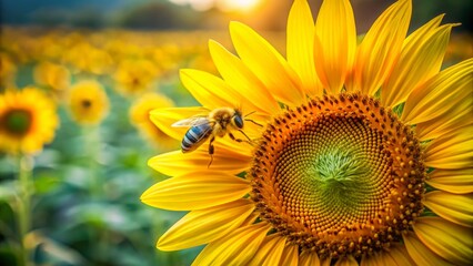 Fototapeta premium Beautiful Close-Up of a Bee Collecting Nectar from a Vibrant Sunflower in a Lush Field of Green, Showcasing Nature's Harmony and the Importance of Pollinators for Ecosystems