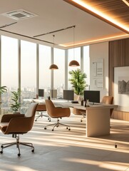 Contemporary spacious office room interior with city view and daylight. Workplace design concept. 3D Rendering.