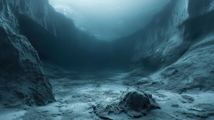 A serene underwater landscape showcasing deep ocean canyons and ethereal light filtering through water.