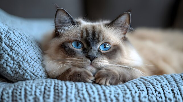 Peaceful and content feline pet resting calmly in a cozy and inviting domestic setting with captivating blue eyes and a soft plush