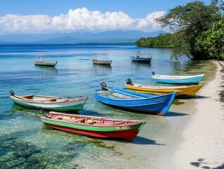 Naklejka premium Tranquil Caribbean Seascape: Colorful Fishing Boats Anchored on a Pristine Beach