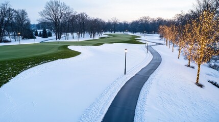 A scenic winter golf course blanketed in fresh snow.