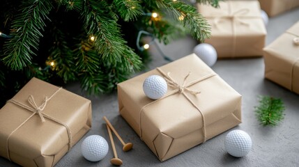Festive gifts wrapped in brown paper under a decorated Christmas tree.