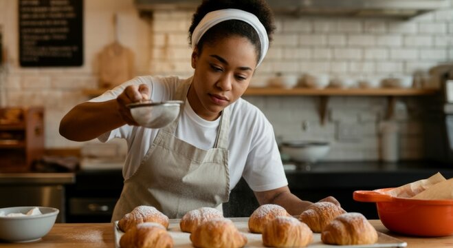 Young female baker sprinkling powdered sugar on fresh croissants in bakery kitchen