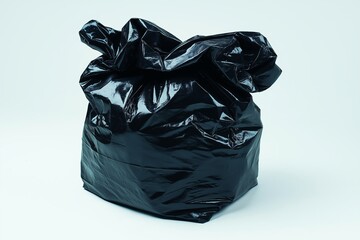 Fototapeta premium Garbage bag isolated on a white background as a symbol of waste management and environmental issues as a throw away black plastic sack full of dirty smelly trash and useless junk.