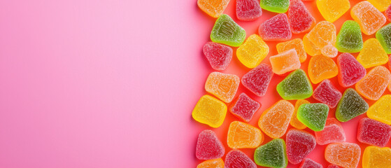 Food sweet snack junk diet concept. Colorful gummy candy on pink background © Wonderful Studio