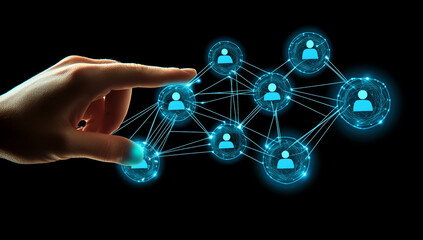 A human hand touching icon, connecting blue circle and white line in digital space, business network