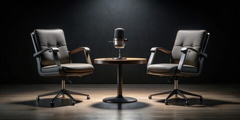 Candid Interior View of a Podcast Setup Featuring Two Comfortable Chairs and a Professional Microphone Against a Sleek Black Background for Engaging Audio Content Creation