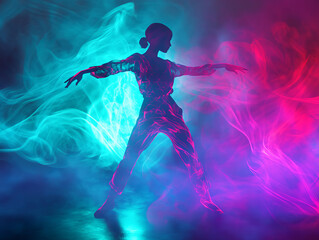 Abstract dance in colorful neon mist