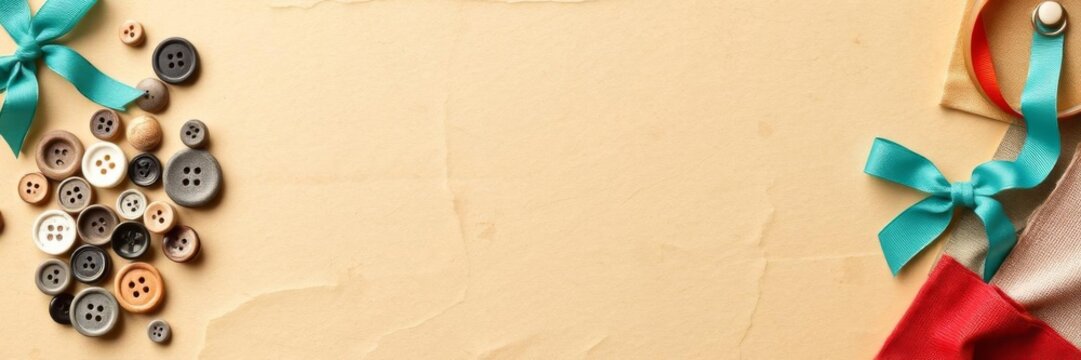 A rustic wooden frame with aged paper, buttons, fabric swatches, and ribbons for personalized creative content, ribbons, content