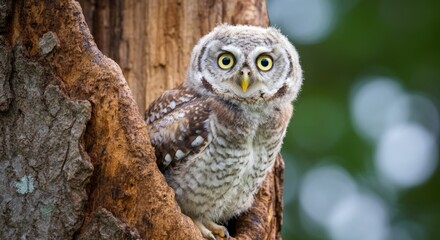 Spotted owl perched in tree hollow with bright eyes in forest