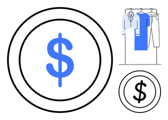 Dollar sign in a black circle over blue dollar sign. Clothing rack with shirts and pants hanging. Ideal for finance, retail, fashion, budgeting, cost analysis, sales promotion e-commerce. Line